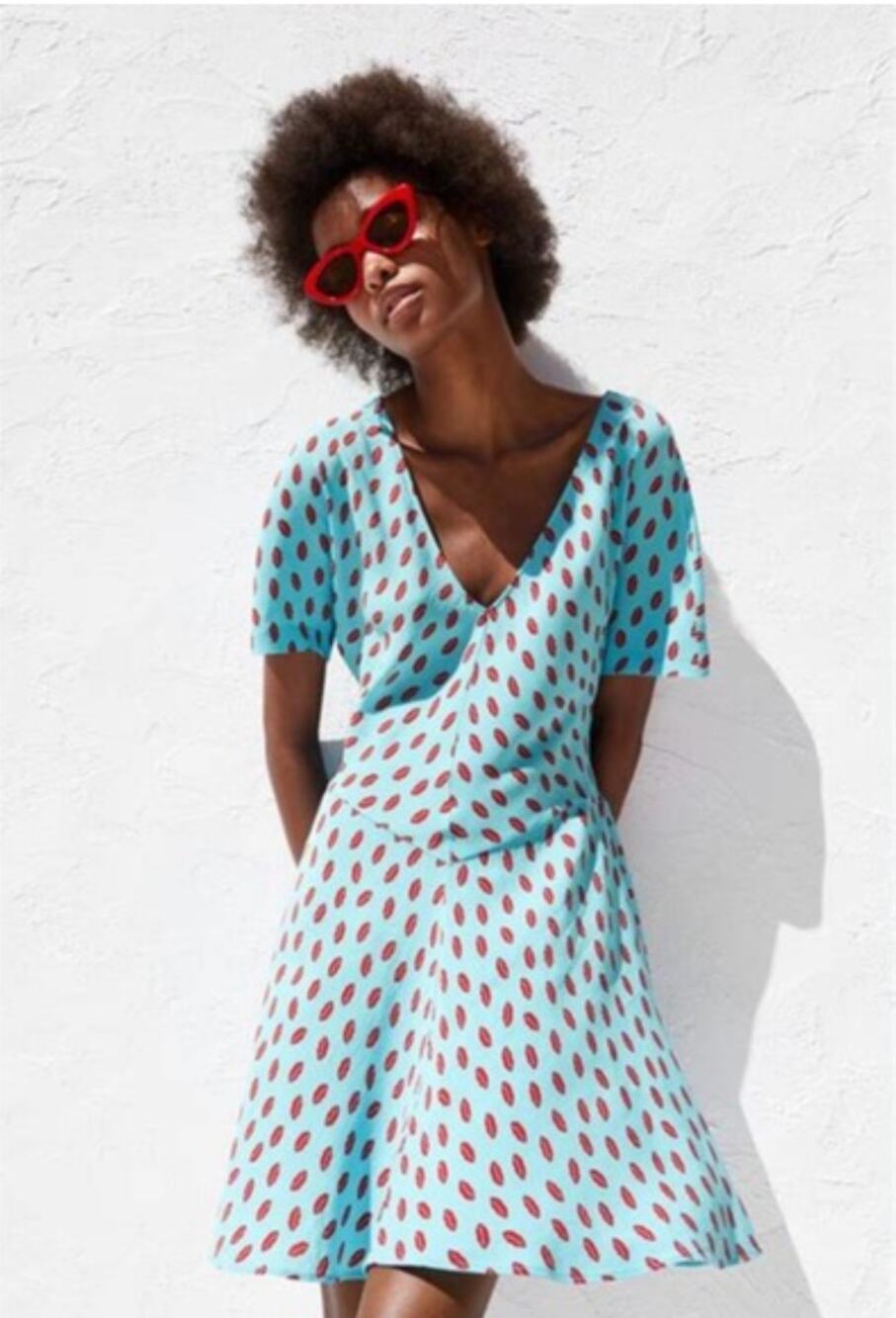 ZARA Blue Fit & Flare Skater Dress Lip Print Kiss V-Neck Pullover Size Small S